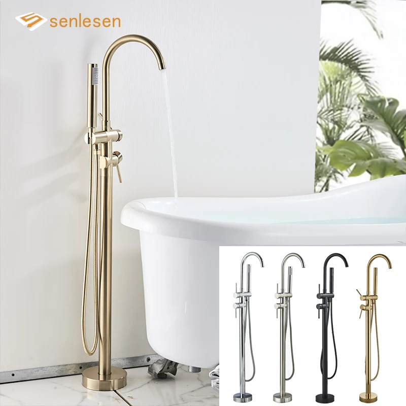 Brushed Gold Bathroom Shower Flooring Standing Faucet Floor Mount Bathtub Shower Faucet Brass Dual Handle Tub Mixer Tap Bathtub Faucet