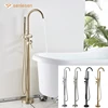 Senlesen Brushed Gold Bathroom Shower Flooring Standing Faucet Floor Mount Bathtub Shower Faucet Brass Dual Handle Tub Mixer Tap 1