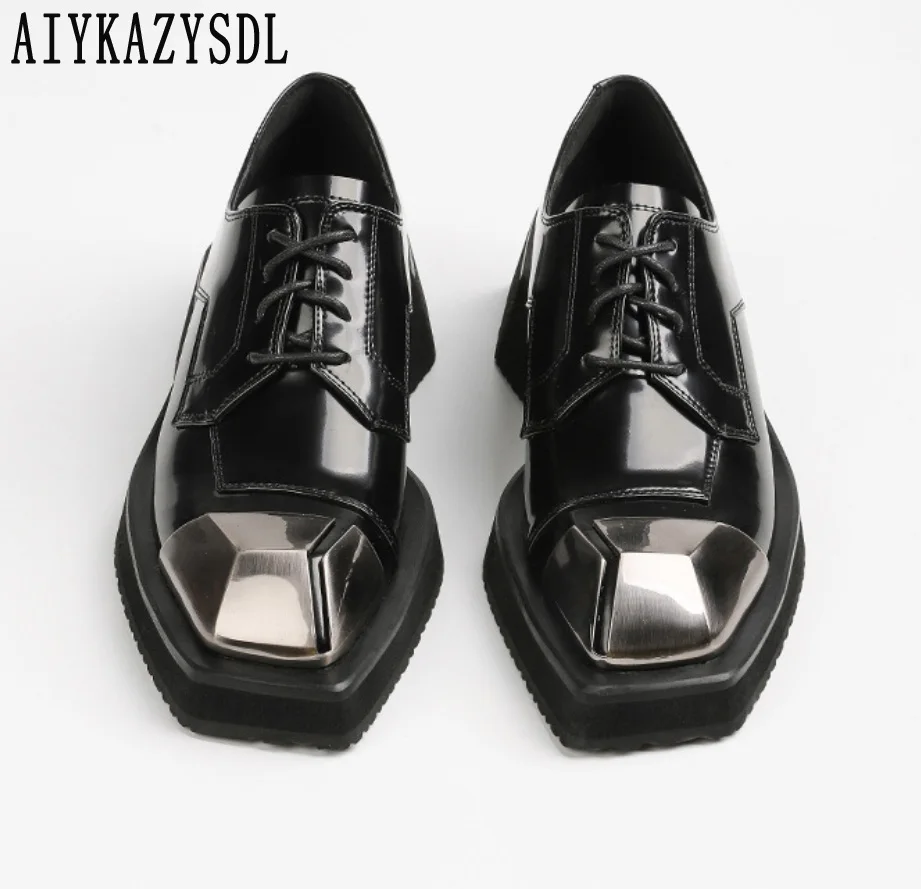 

2023 NEW Style Derby Shoes Women Metallic Square Toe Oxfords Loafers Cool Punk Gothic Platform Wedge Shoes Casual Flats Female