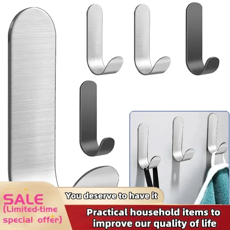 Kitchen Adhesive Hooks Metal Stainless Steel Wall Hooks Utility J Hook Key Holder Self Adhesive Wall Hook for Shower 2/4Pcs