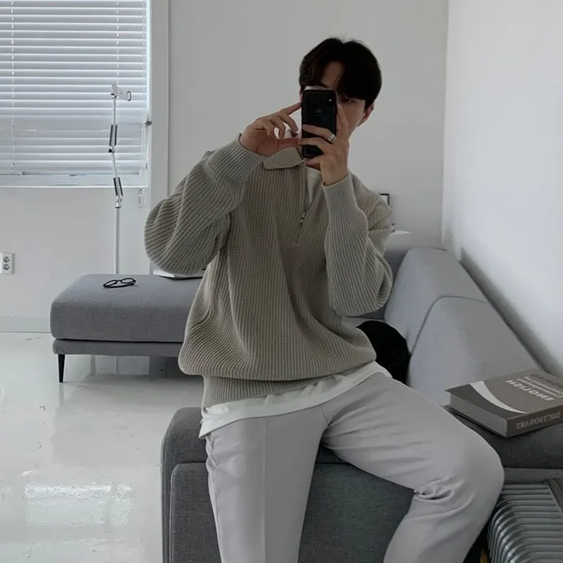 Gentle New Lapel Sweater Autumn and Winter Men's Warm Fashion Casual Knit Pullover Loose Zip Long Sleeve Sweater Men's Jumpsuit