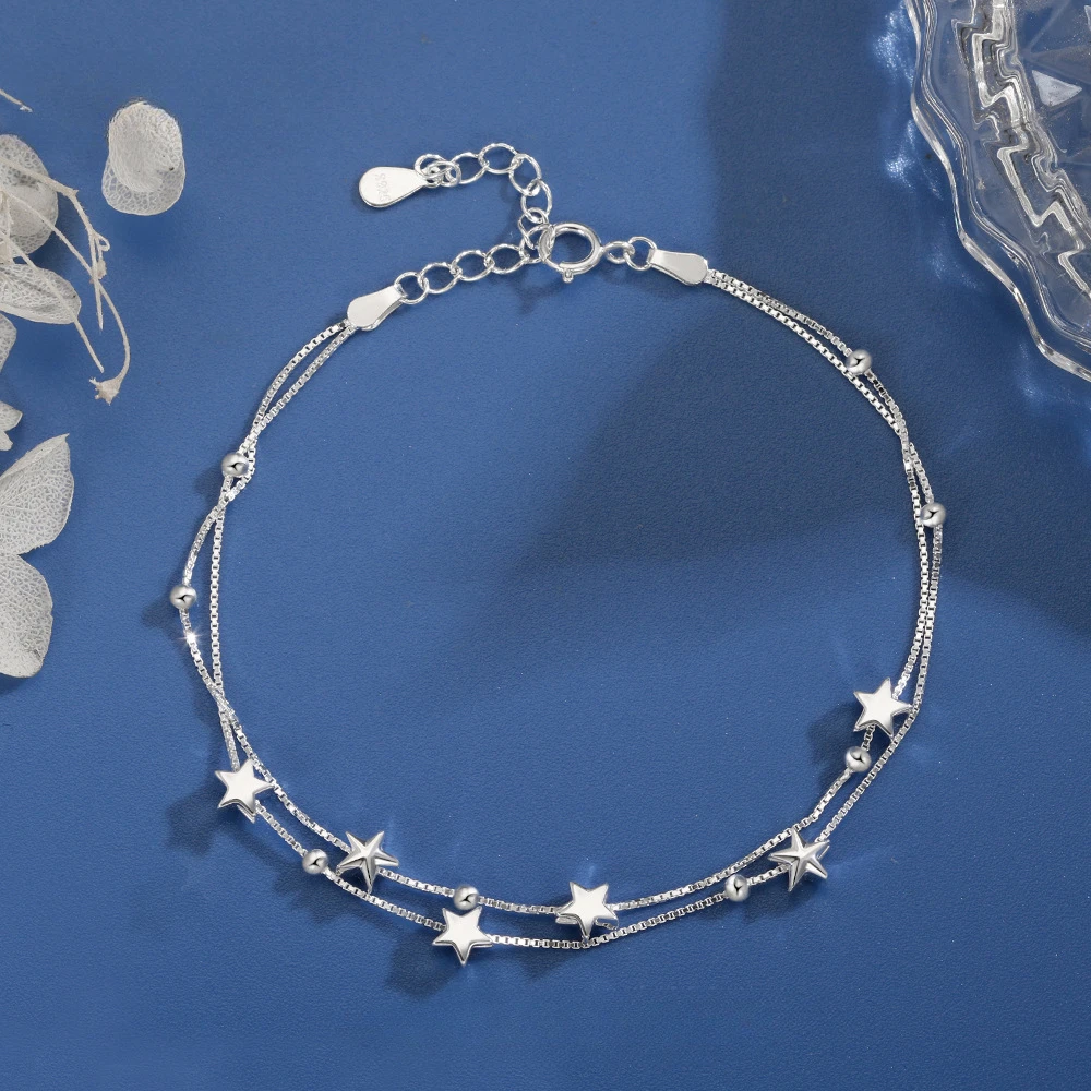 S925 Silver Double layered Layered Women's Fashion Design Sense Personalized Versatile Handicraft Star Bracelet