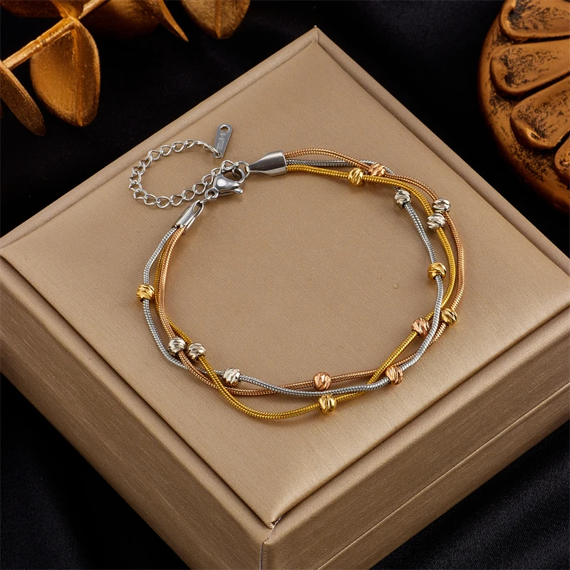 MEYRROYU 316 Stainless Steel Green Stone Heart Multilayer Charm Beads Bracelet for Women Party