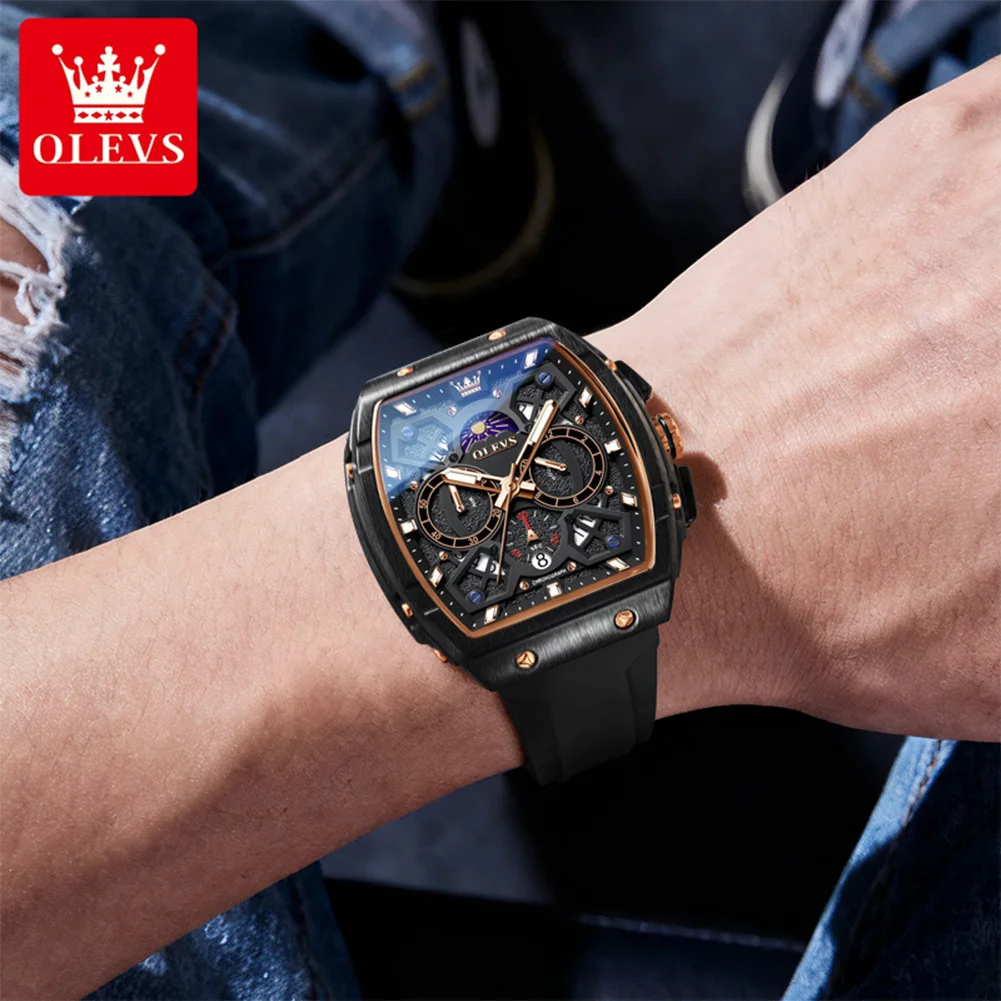 OLEVS 2942 Quartz Watch For Men Luxury Chronograph Date Waterproof Luminous Wristwatches Moon Phase Big Dial Original Man Watch