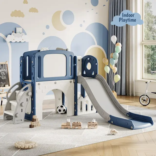 8-in-1 Toddler Play Tunnel & Slide Set – Blue, Single Box, Kids Indoor Outdoor Playground Climber with Basketball Hoop, Rocking