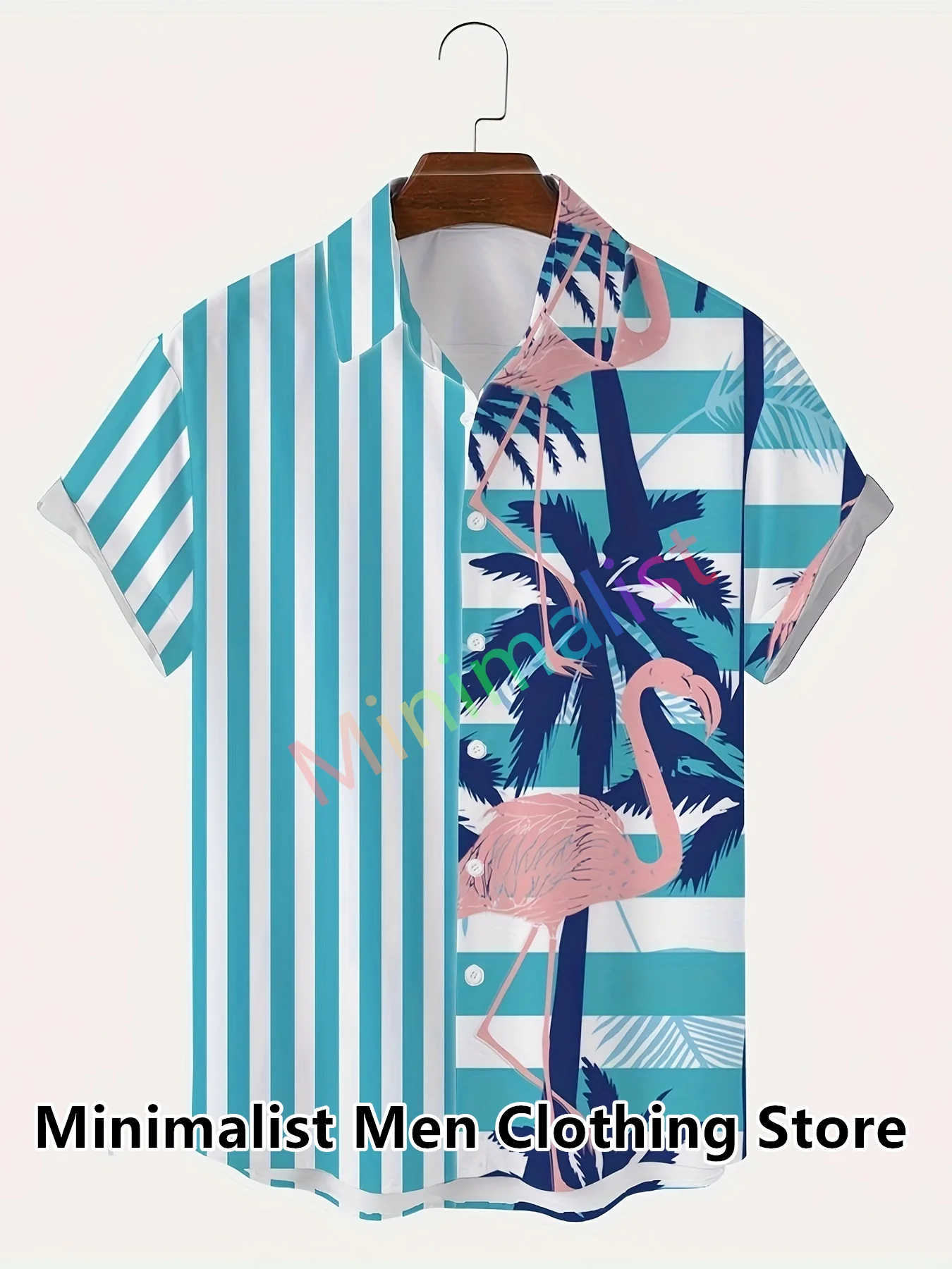 

2024 New Hawaiian Shirt Men Fashion Stripe Flamingo Printed Blouse Beach Single-breasted Short SleeveTops Holiday Men's Clothing