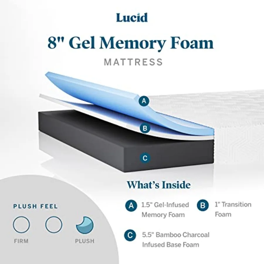 8 Inch Queen Mattress with Plush Gel Memory Foam and Bamboo Charcoal Infusion for Superior Cooling and Hypoallergenic Comfort I