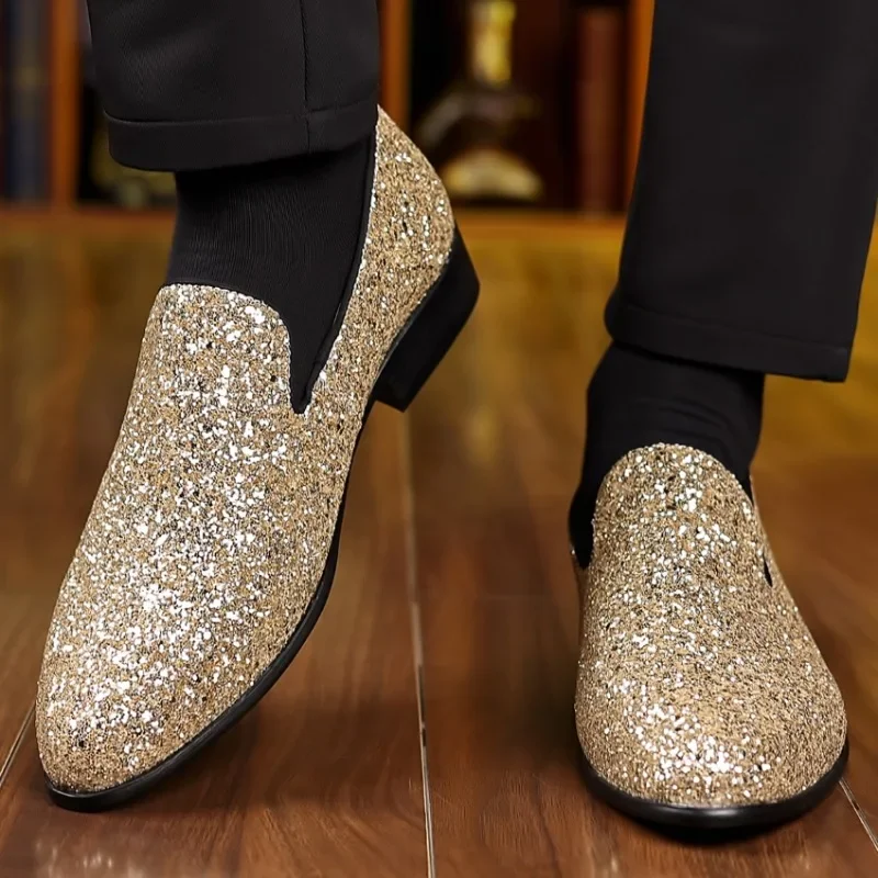 Men Gold Silver Sequin Wedding Shoe Fashion Designer Slip on Flats