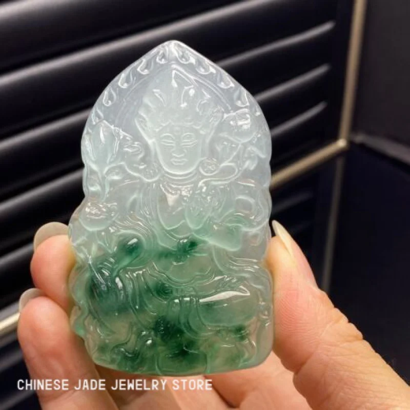 

Certified Natural AAA Ice Green Jade Jadeite Carved Buddha Pendant&NecklacesBuddha Statue Tag