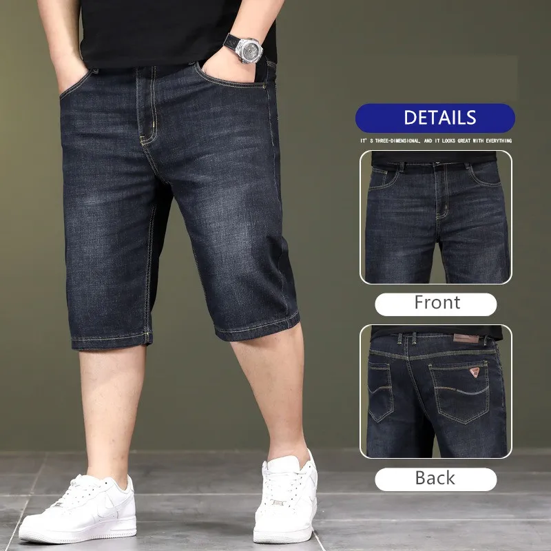 Summer Thin Denim Shorts Men Stretched Loose High Waisted Plus Size 40 44 46 48 Half Jeans Gray Black Capri Cropper Trousers 3
