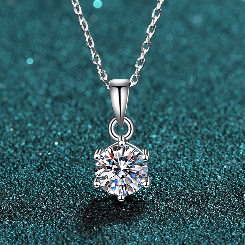 100% Real Moissanite Necklace for Women Vvs Round Cut Diamond Pendant Trendy 6 Prong for Girlfriend Jewelry S925 Sterling Silver