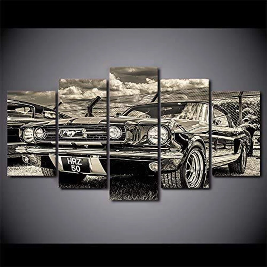 

5D «сделай сам», алмазная вышивка, черно-белая, ретро-арт Mustang Car, полноформатная алмазная живопись, вышивка крестиком, декор для HomeX5pcs