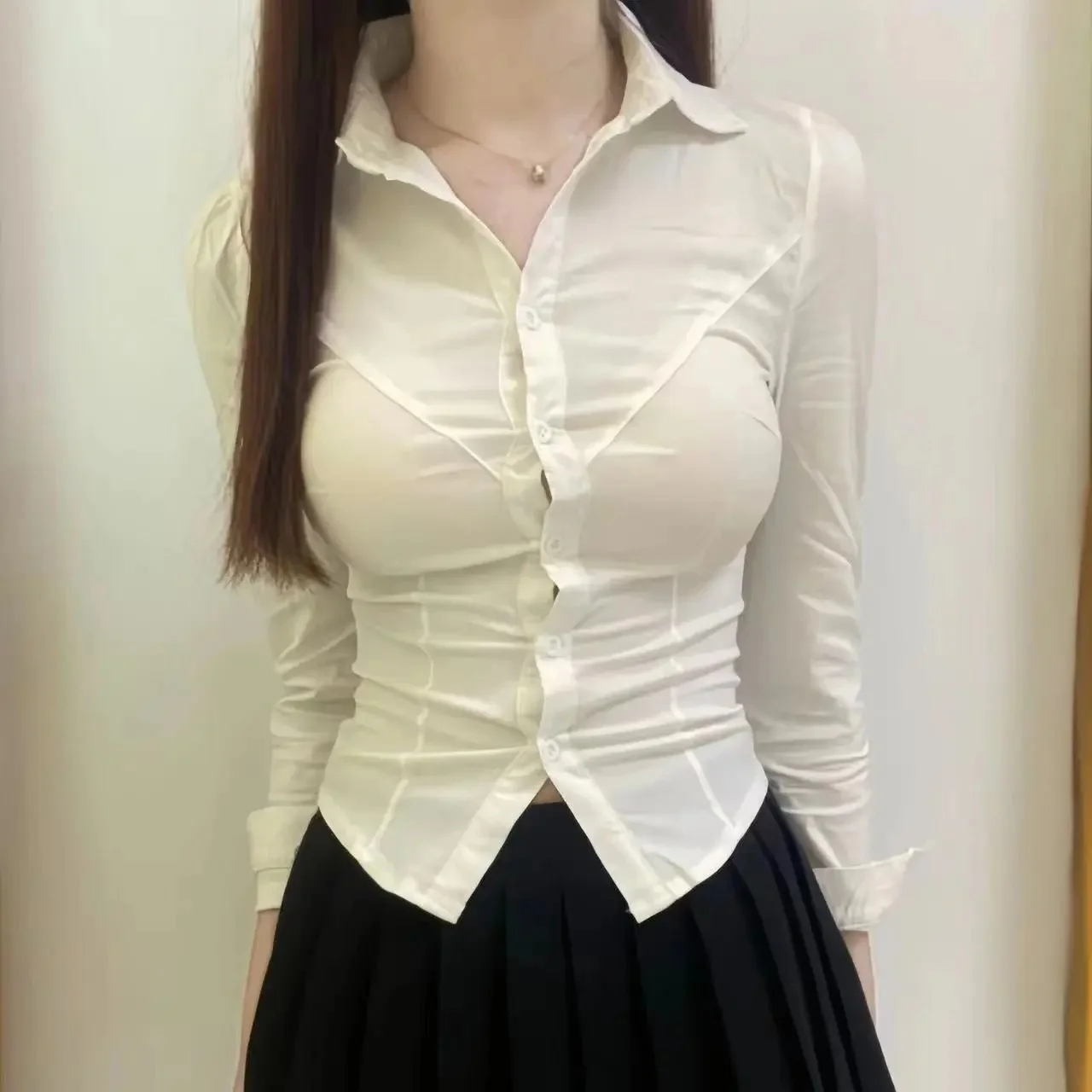 Spicy Girl 2025 New JK Uniform Slim Fit Long Sleeve Shirt Waist Cinched Women's Shirt Design Sensual Tight Fitting Blouse