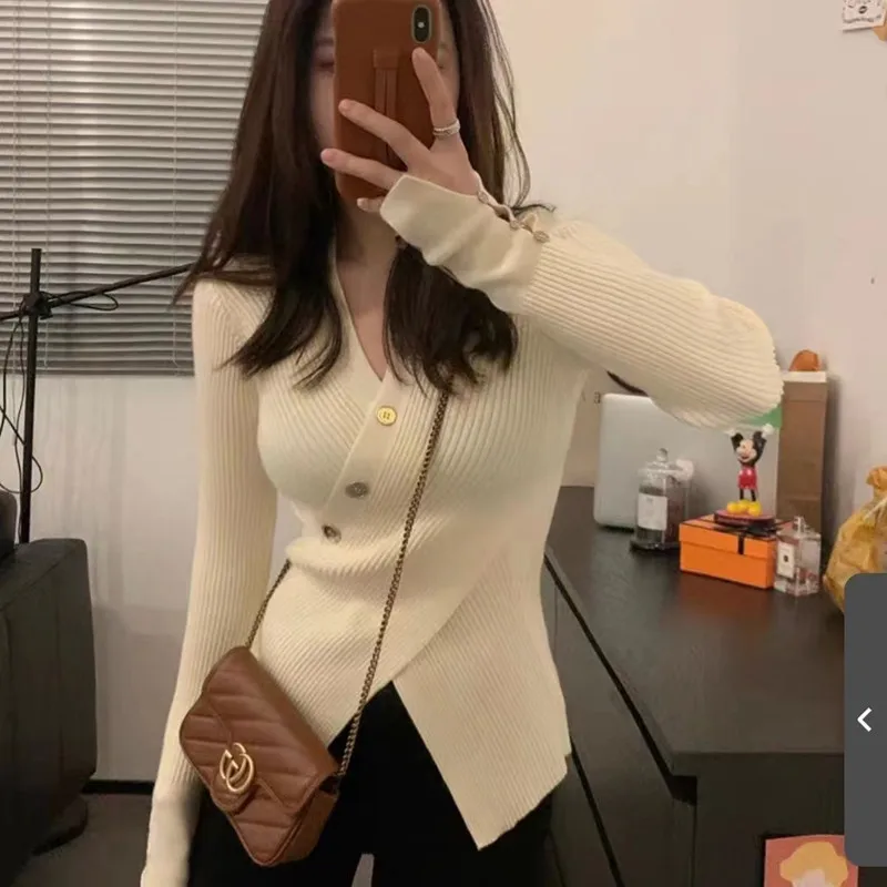 Irregular Sweater with Bottom Shirt Inside Women's Autumn and Winter High-end Sense Slim and Thin V-neck Knitted Sweater Top