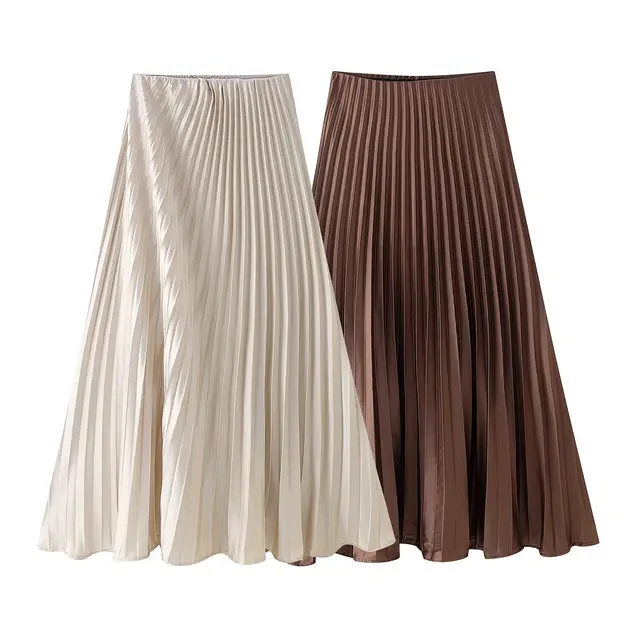 TRAFZA Women Elegant Pleated Skirt Simple A-Line Long Skirt New 2025 Spring Summer Fashion Casual Versatile Skirt 2