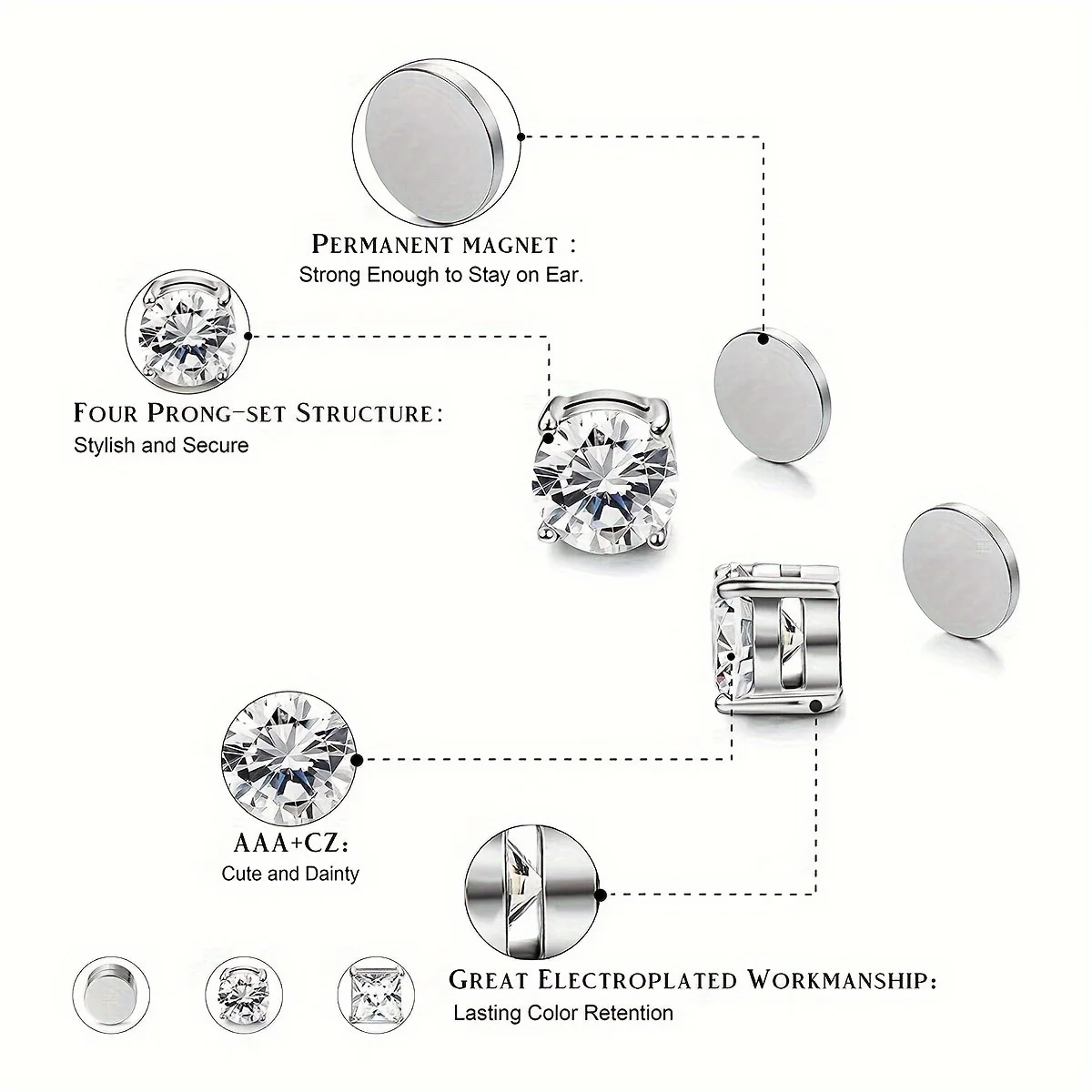 2pcs Unisex Fashion Stainless Steel Magnetic Cubic Zirconia Ear Clips Non-piercing Adjustable Clip-on for Men Women