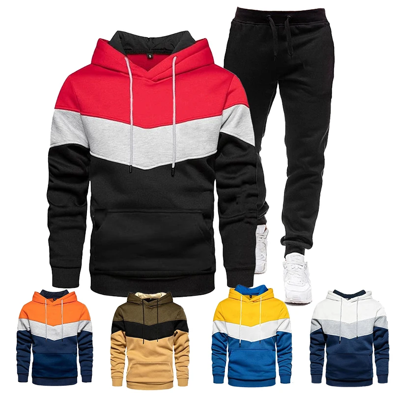 2023 Tri color splicing Sportswear men's casual Hoodie sports pants 2-piece spring autumn winter jogging suit S-4XL