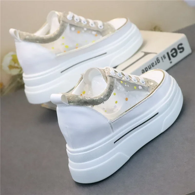 

7CM Lace Air Mesh Chunky Sneakers Wedge Platform Breathable Hollow Vulcanized Summer Fashion Cow Genuine Leather Ladies