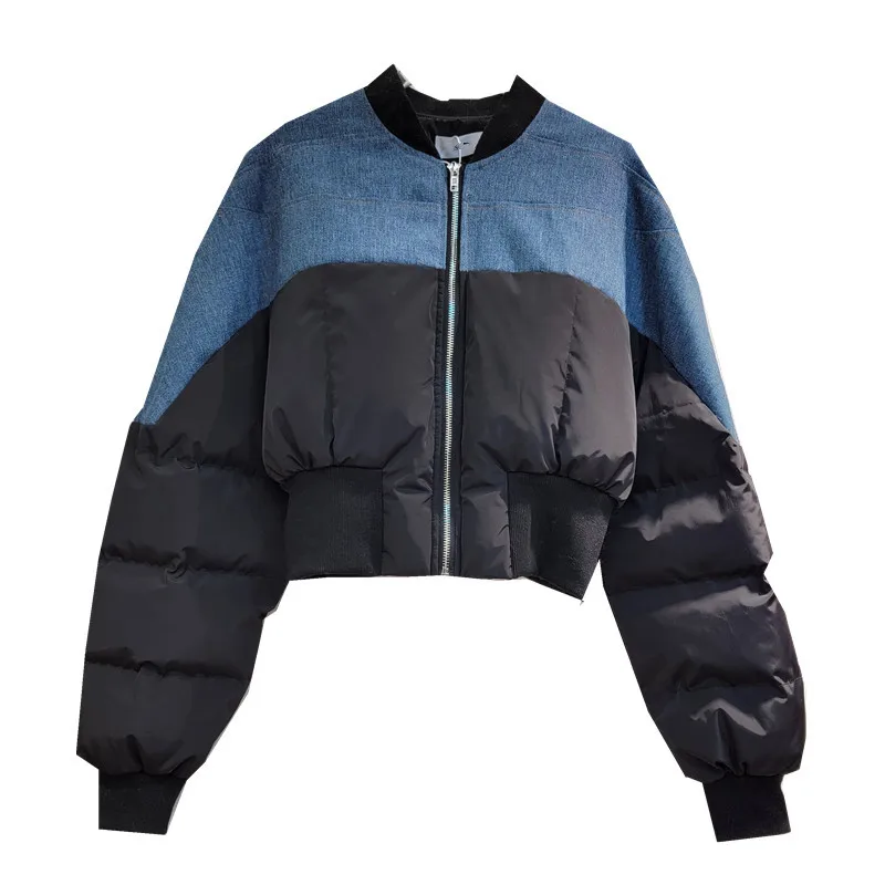 

Women Denim Patchwork Cotton Padded Down Coat Slim High Waist Quilted Bread Jacket Parkas Cardigan Zippers Crop Tops
