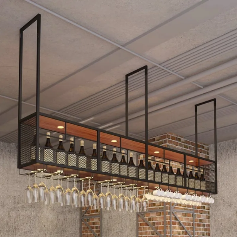 Modern Wrought Iron Wine Rack Display Cabinet with Light Bar Restaurant Minimalist Hanging Wine Cabinets Showcase Goblet Hanger