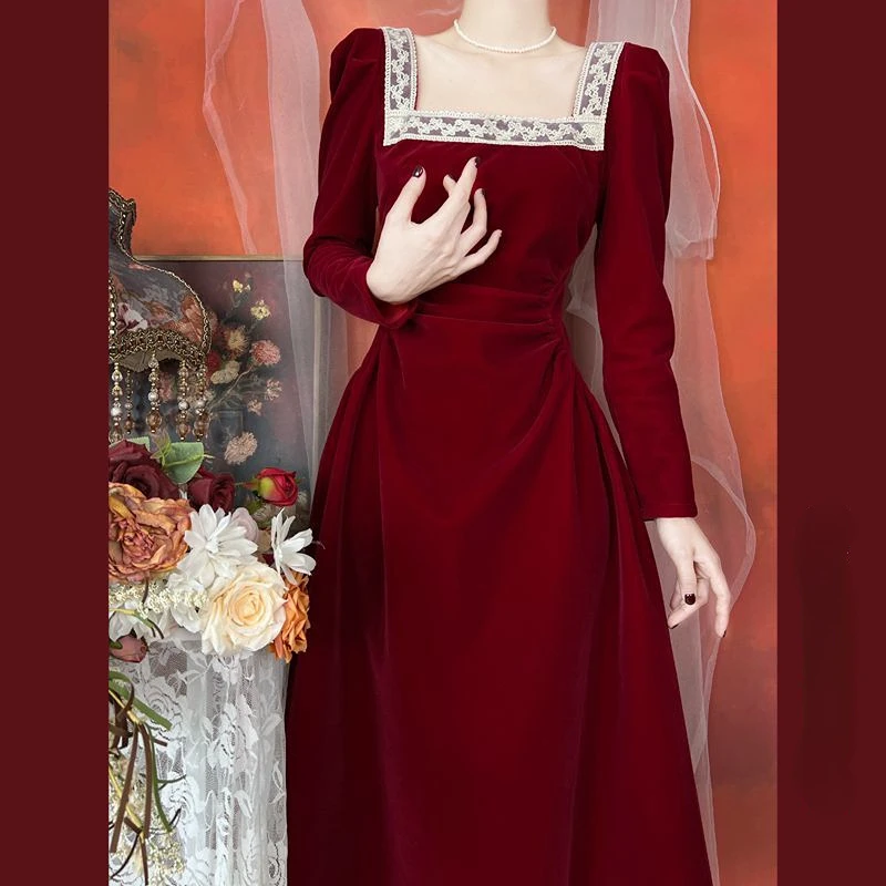 

2023 Spring Autumn French Vintage Red Dress Palace Hepburn Patchwork Slim Style Toast Dress Velvet Dress