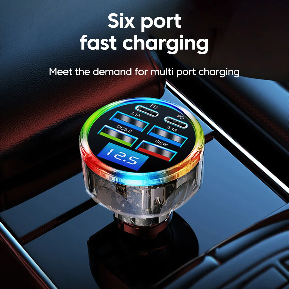 66W Car Charger Fast Charging QC3.0 4 Ports Digital USB Car Charger Lighter Dual Type C Phone