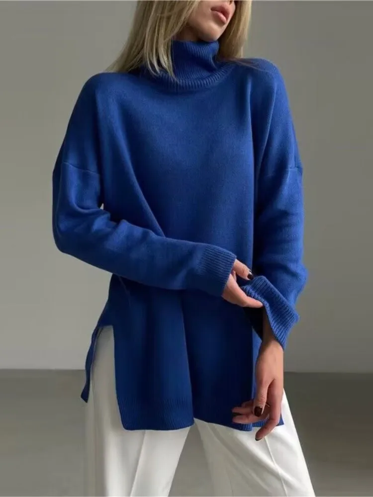 

Elegant Solid Turtleneck Sweater Women Loose Long Sleeve Split Knitted Pullover New Autumn Winter Casual Female Thick Warm Tops