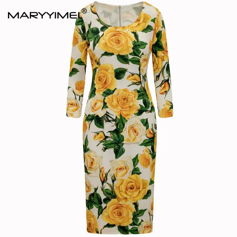 

MARYYIMEI Fashion Designer Women's New Silk Round Neck Long-Sleeved Yellow Rose Printed Vintage Hip Wrap Pencil MIDI Dress