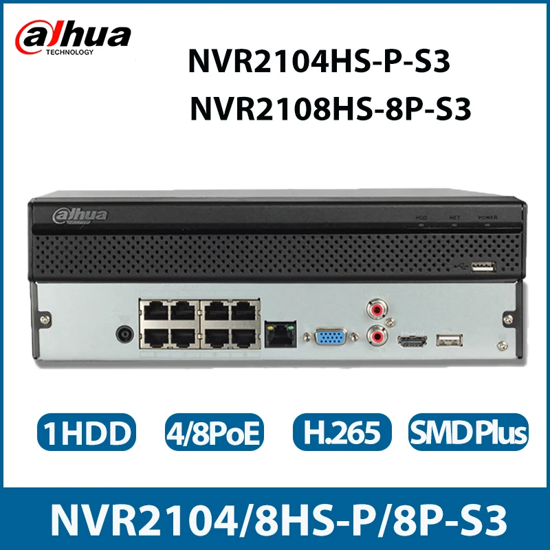 

Dahua NVR2104HS-P-S3 NVR2108HS-8P-S3 4/8 Channels Compact 1U 1HDD Nvr for IP Cameras Security Protection Network Video Recorder