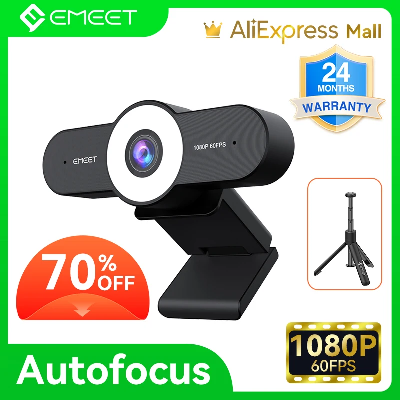 

Webcam 1080P 60FPS Web Camera Autofocus Streaming EMEET C970L with Microphones & Ring Light for PC/Zoom/Skype/Tiktok/Mac