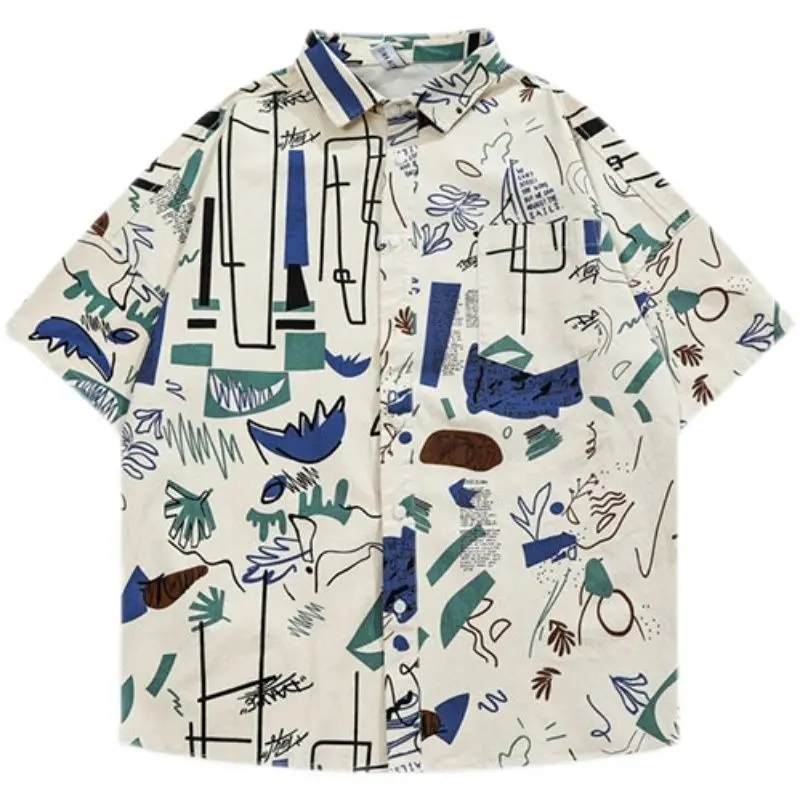 

Summer Korean Trendy Brand Creative Printed Beach Short-sleeved Shirt Men's Japanese Street Y2K Personalized Couple Flower Shirt