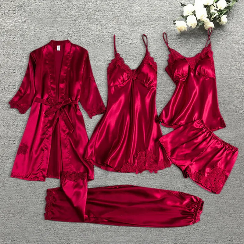Women Pajamas Set Women Pajama Suit Leepwear Female 5/4/2PCS Pajamas Set Satin Pyjamamas Lace Patchwork Bril Wedding Nightwear Rayon Home Wear Nighty&Robe Suit