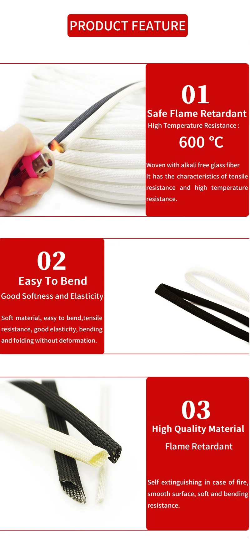 Description Picture 4 of item1/5M Fiberglass Sleeve 1 ~ 35mm High Temperature Chemical Braided Glass Fiber Sleeving Cable Pipe HTG Wire Wrap Glassfiber Tube