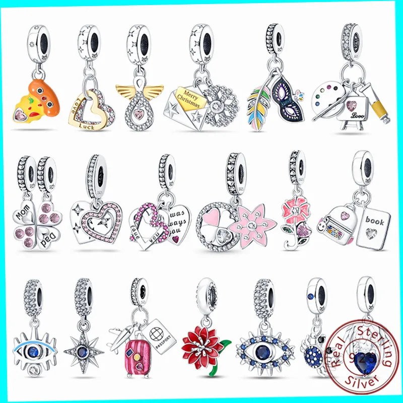 Charm In Argento Sterling 925 Fit Pandora Bracciale Originale Double Heart Evil'S Eyes Feather Pendant Jewelry Making