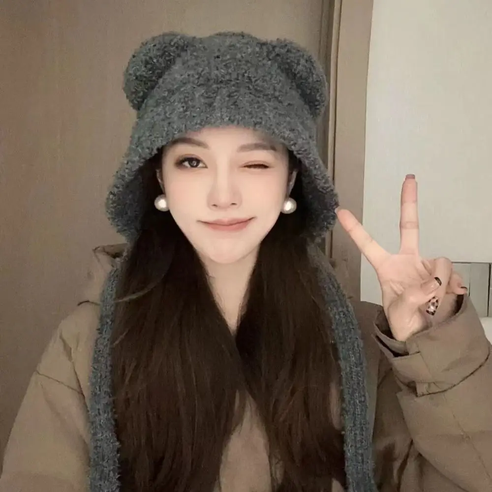 

Y2K Knitted Cap Cute Japanese Niche Long Strap Beanie Hat Winter Cool Ear Protection Hat Women