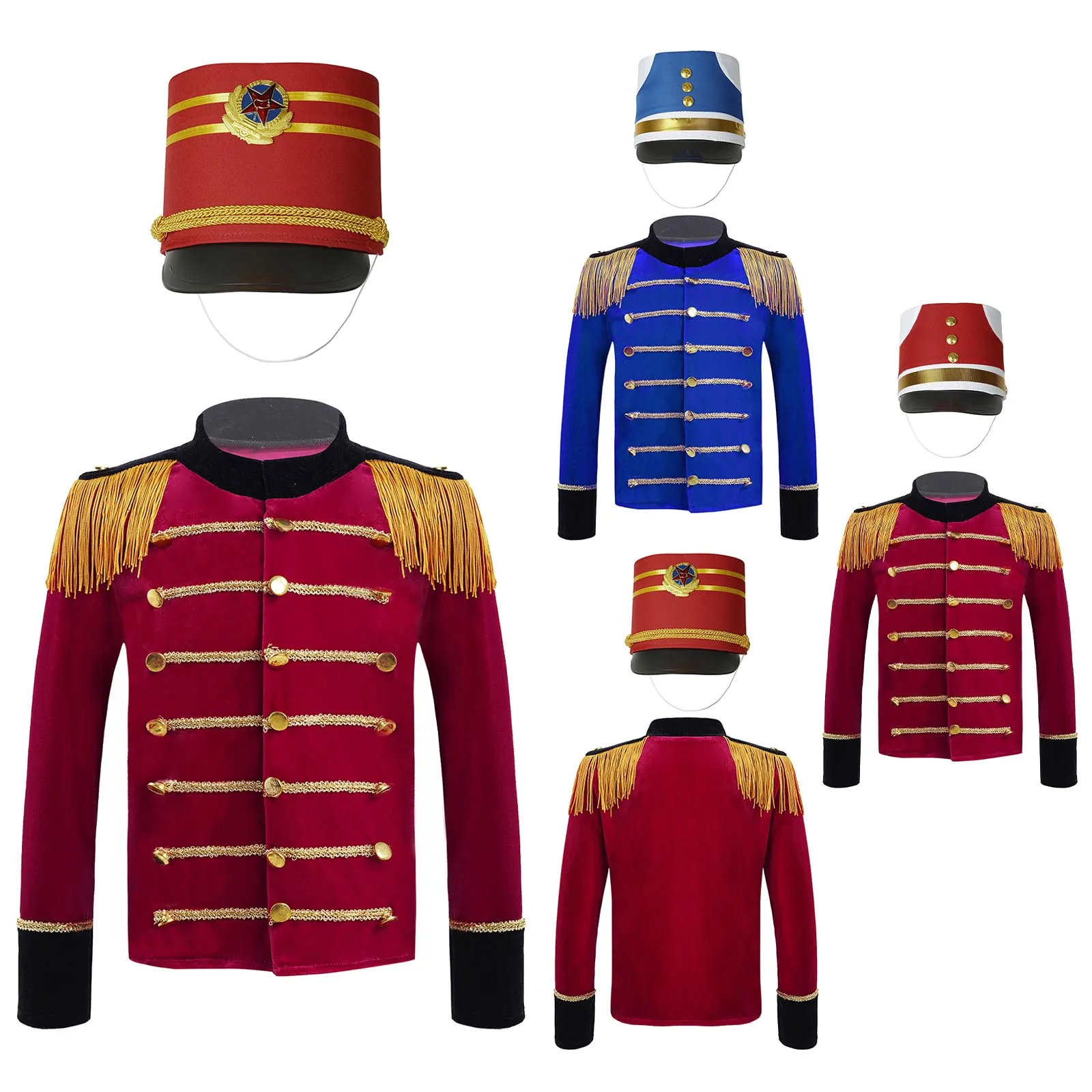 Kids Boys Nutcracker Costume Drum Trumpet Team Honor Guard Performance Uniform Long Sleeve Tassels Tops+Hat Halloween Party Set