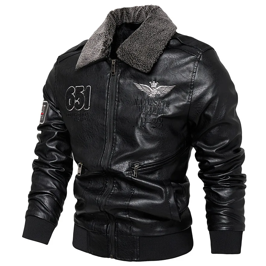 

Mens Fashion Embroidered PU Leather Coat Winter Lapel Detachable Fur Collar Warm Artificial Leather Jacket Biker Jacket Men