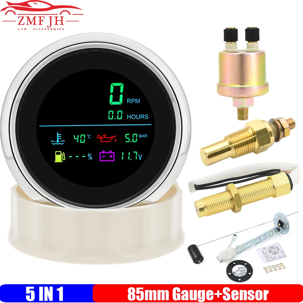 Multi 85MM Gauge Digital Tachometer+Fuel Level+Water Temperature Meter+Oil Pressure+Voltmeter with Sensor for Car Boat 12V24V