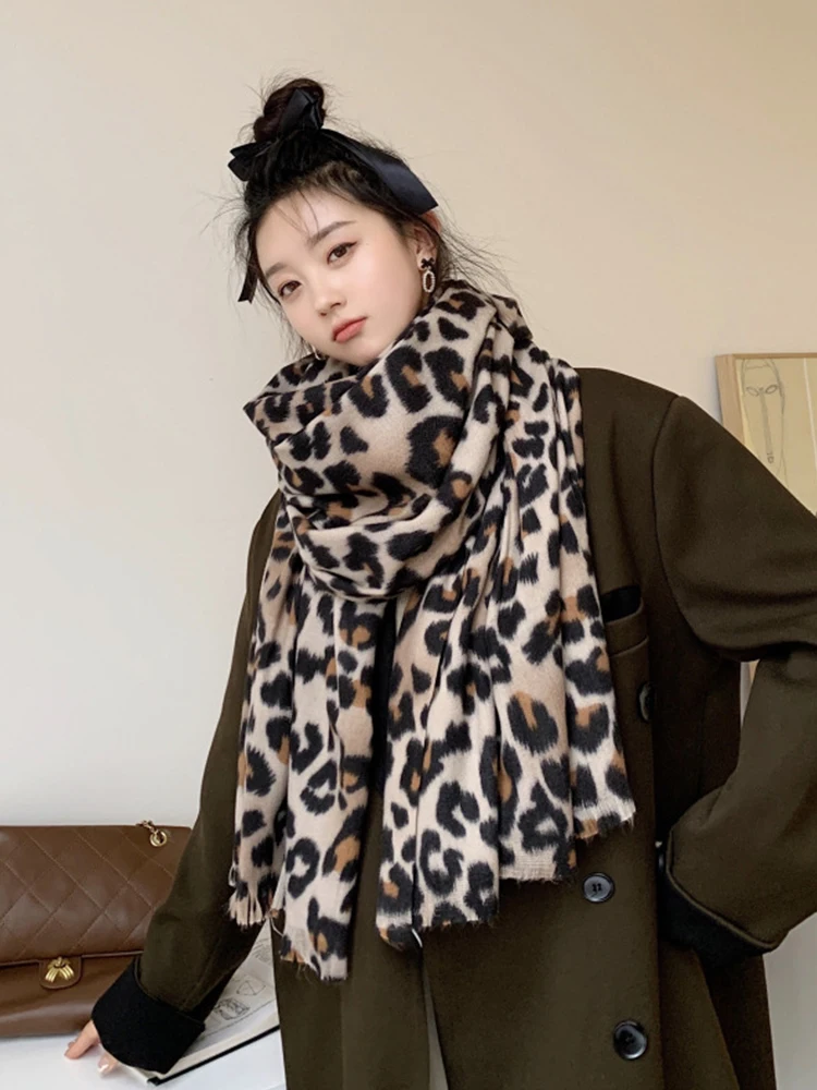 Elegant Imitation Cashmere Women Retro Leopard Print Winter Double Sided Scarf Warm Lady Female Thick Blanket Long Wrap Shawl 4