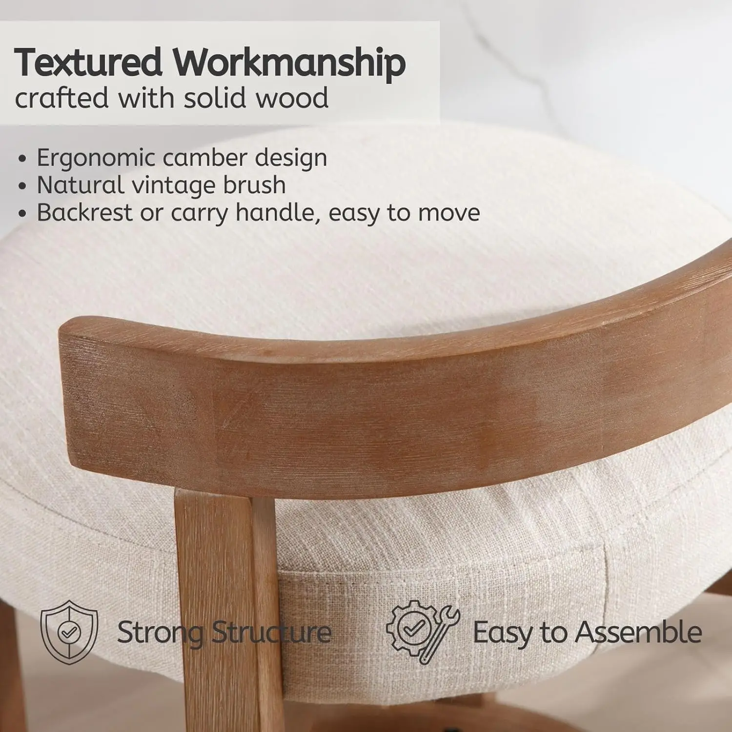 Mid Century Linen Counter Stools Set of 4, Upholstered 26.5” Seat Height Low Barstools with Natural Wood Legs Round Low Back