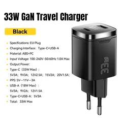 Essager 33W GaN USB - C Charger with Digital Display and Fast Charging Capability - Black EU Plug