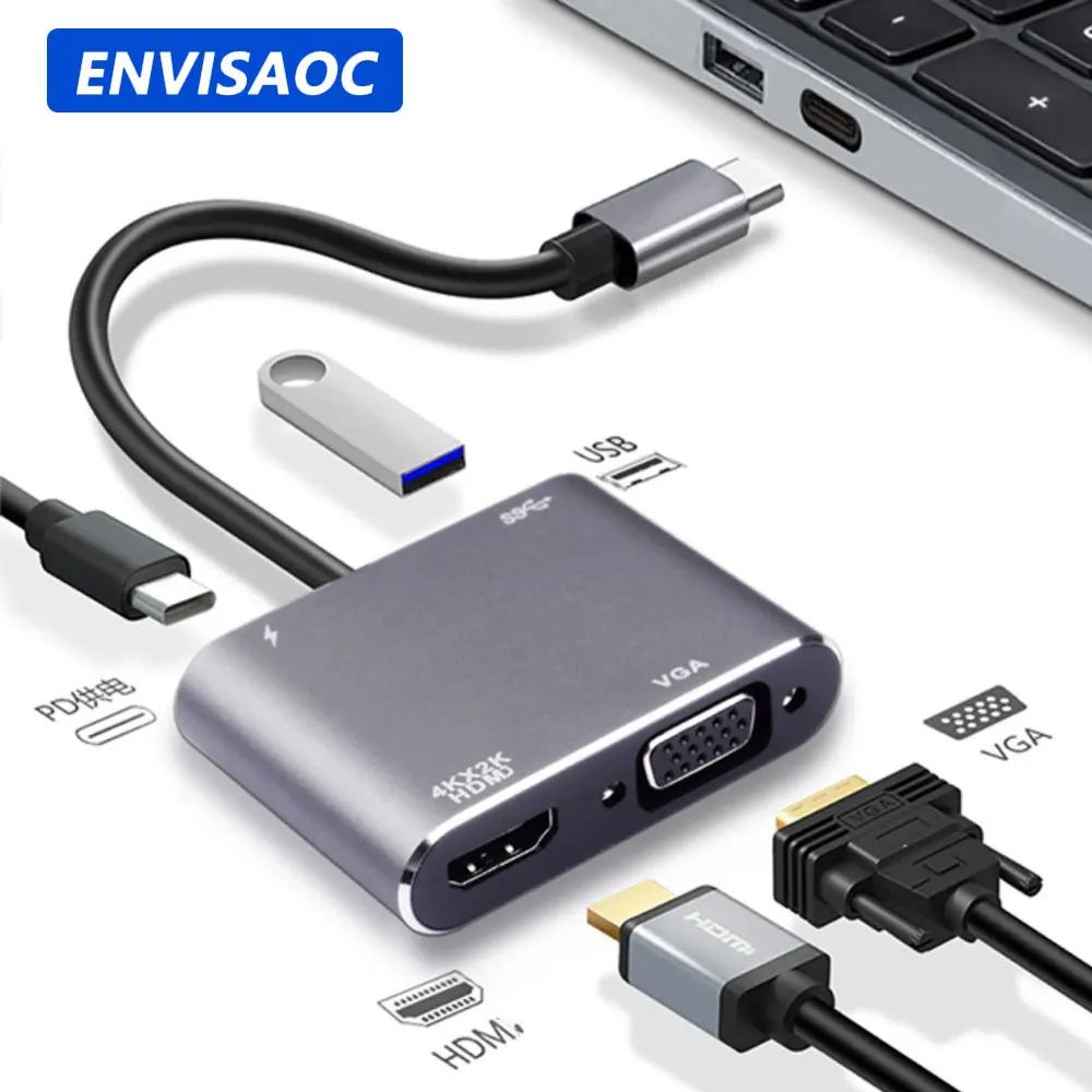 USB C to HDMI 호환 VGA C타입 USB 3.0 허브 어댑터, 맥북 닌텐도 삼성 화웨이 샤오미 휴대폰 노트북 데스크탑용