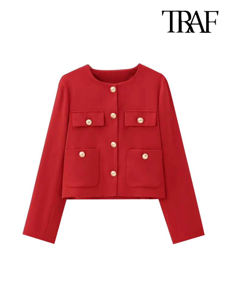 TRAF-Cropped Jacket with Golden Buttons for Women, O Neck, Long Sleeve, Female Outerwear, Chic Tops, Fashion 2