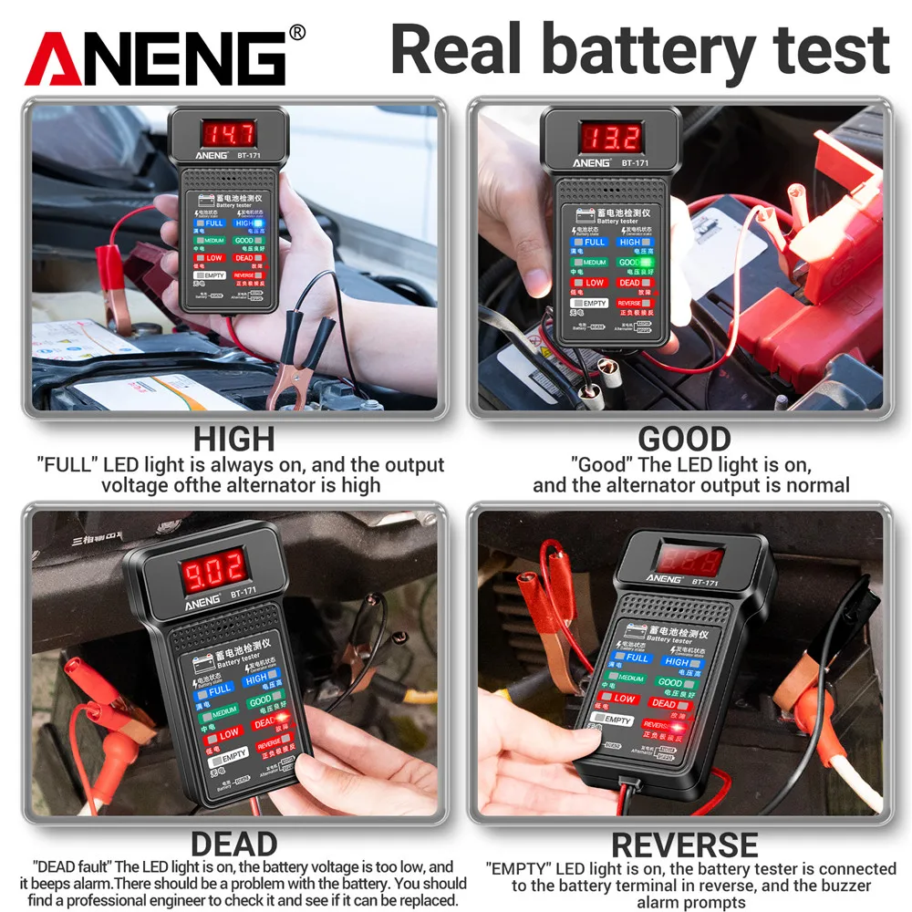 ANENG BT-171 12V Digital Battery Tester Car Battery Indicator with Alligator Clips LED Status Indicator Electrician Tool battery tester
