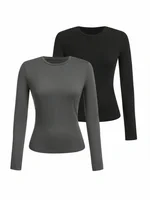 Women's solid-color long-sleeved T-shirt - Polyester knitted fabric, round neck, regular fit, fall-winter style - Image 5