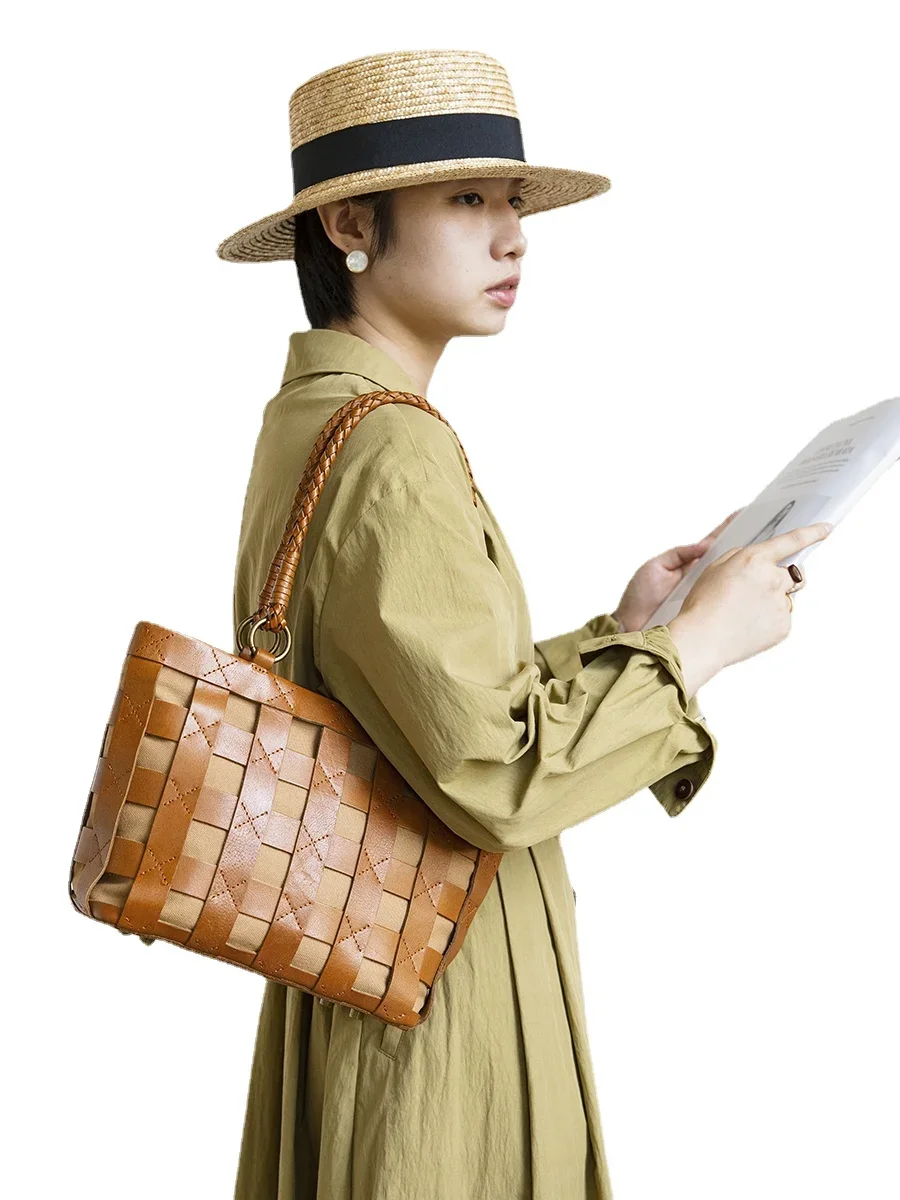 

Yy Hand-Woven Bag Women's Leather Commuter Hand-Carrying Bag Large Capacity