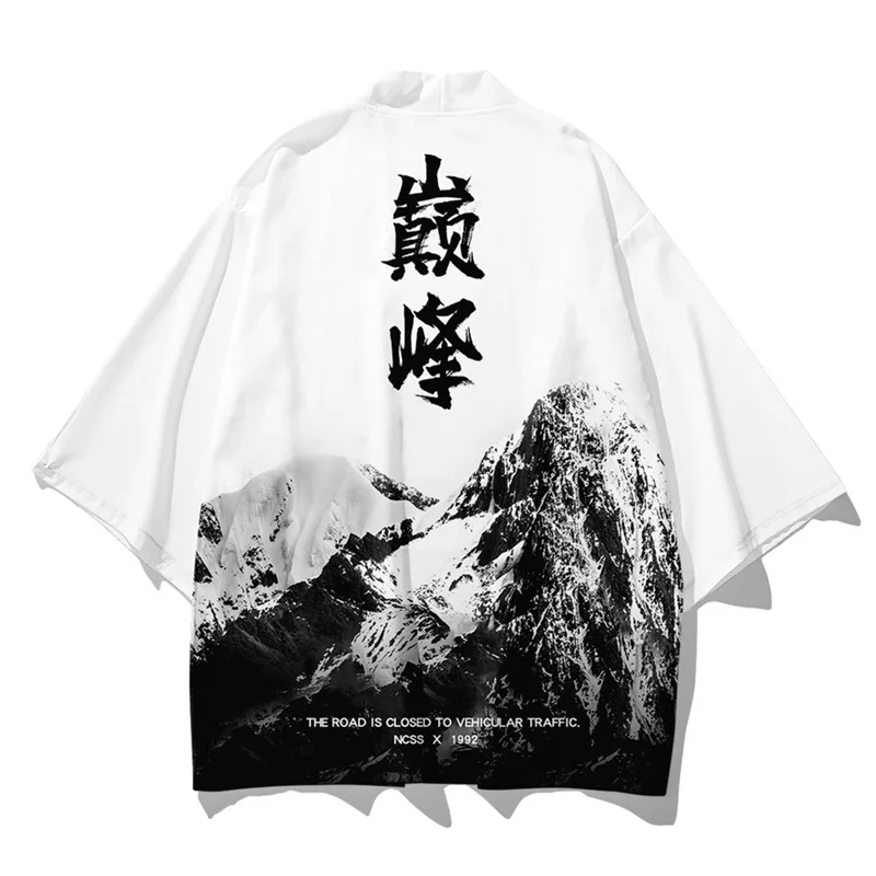 

Japanese Snow Mountain Print Kimono Cardigan Shirt Asian Streetwear Robe Kimonos Harakuju Samurai Costume Men Haori Yukata