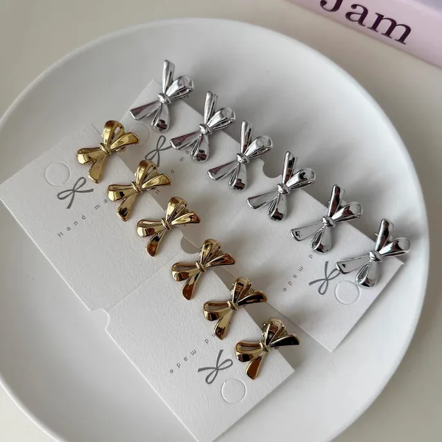 4pcs/Set Golden Silver Color Bow Mini Hairpins for Women Sweet Cool Girl Bangs Barrettes Duckbill Side Clip Hair Accessories