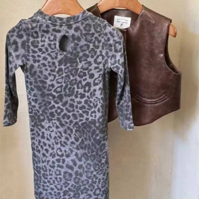 패션  소녀 PU 가죽 조끼 레오파드 드레스  아동 조끼 긴 티셔츠 봄 가을  의류 1-10세