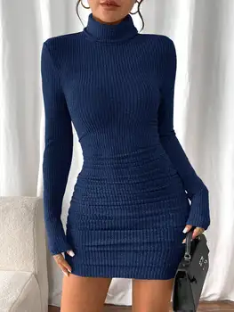 Women's High Neck Slim Fit Dress Pit Stripe Knitted Texture Design for Daily Life Spring Autumn 1
